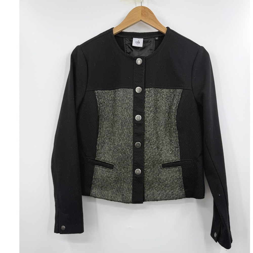 cabi Jacket Womens Medium Black Green Tweed Snap Front Collarless Two Tone